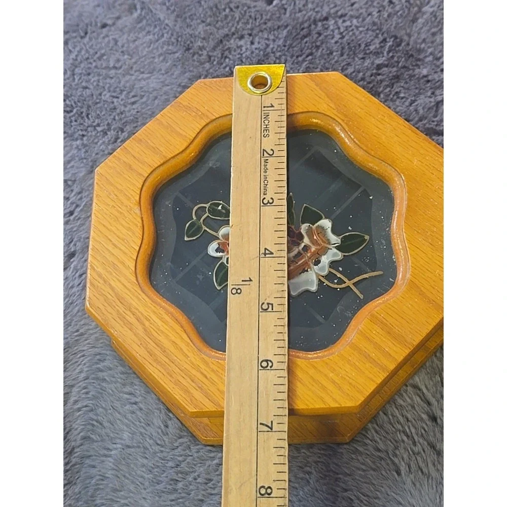VTG Wooden Octagon Jewelry Box Floral Etched Glass Lid Mirror Inset Small 70s